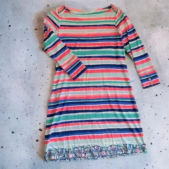Lilly Pulitzer Sophie Shift Dress Sandy Shells 3/4 Sleeve Multi-Color Striped XS - Picture 6 of 16
